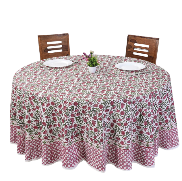 Red Garnet Hand Block Printed 100% Cotton Round Tablecloth: 110 Inch