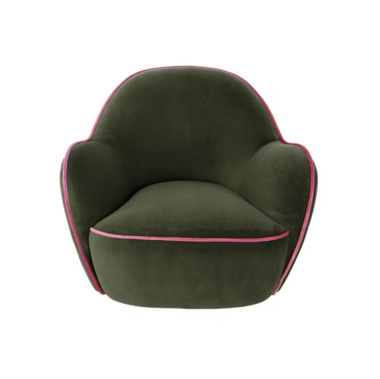 Velvet Upholstered Swivel Chair with Pink Piping