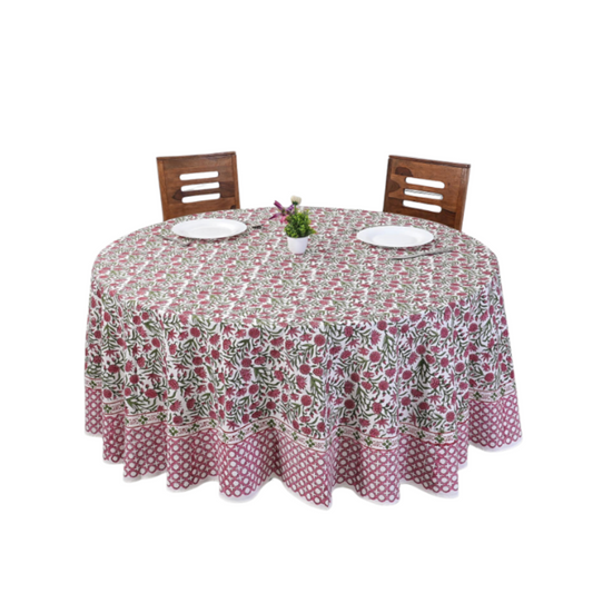 Red Garnet Hand Block Printed 100% Cotton Round Tablecloth: 110 Inch