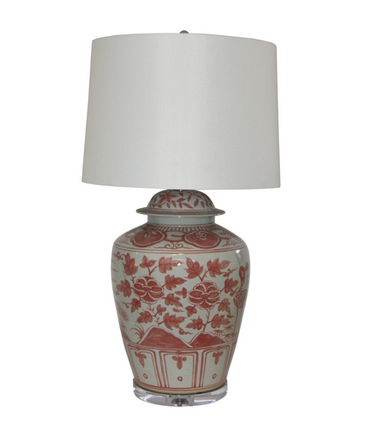 Coral Red Barn Jar Bird Motif Lamp