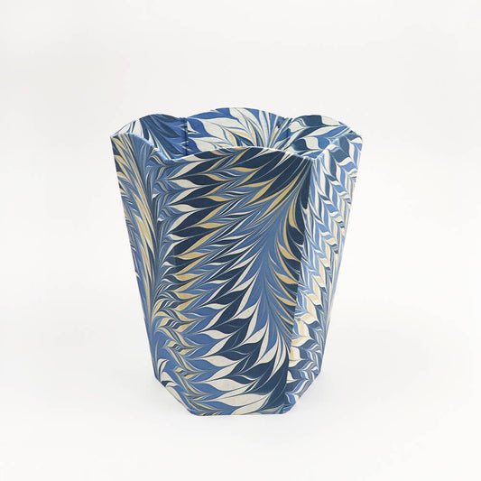 Hand Marbled Scalloped Collapsible Basket - Indigo Feather