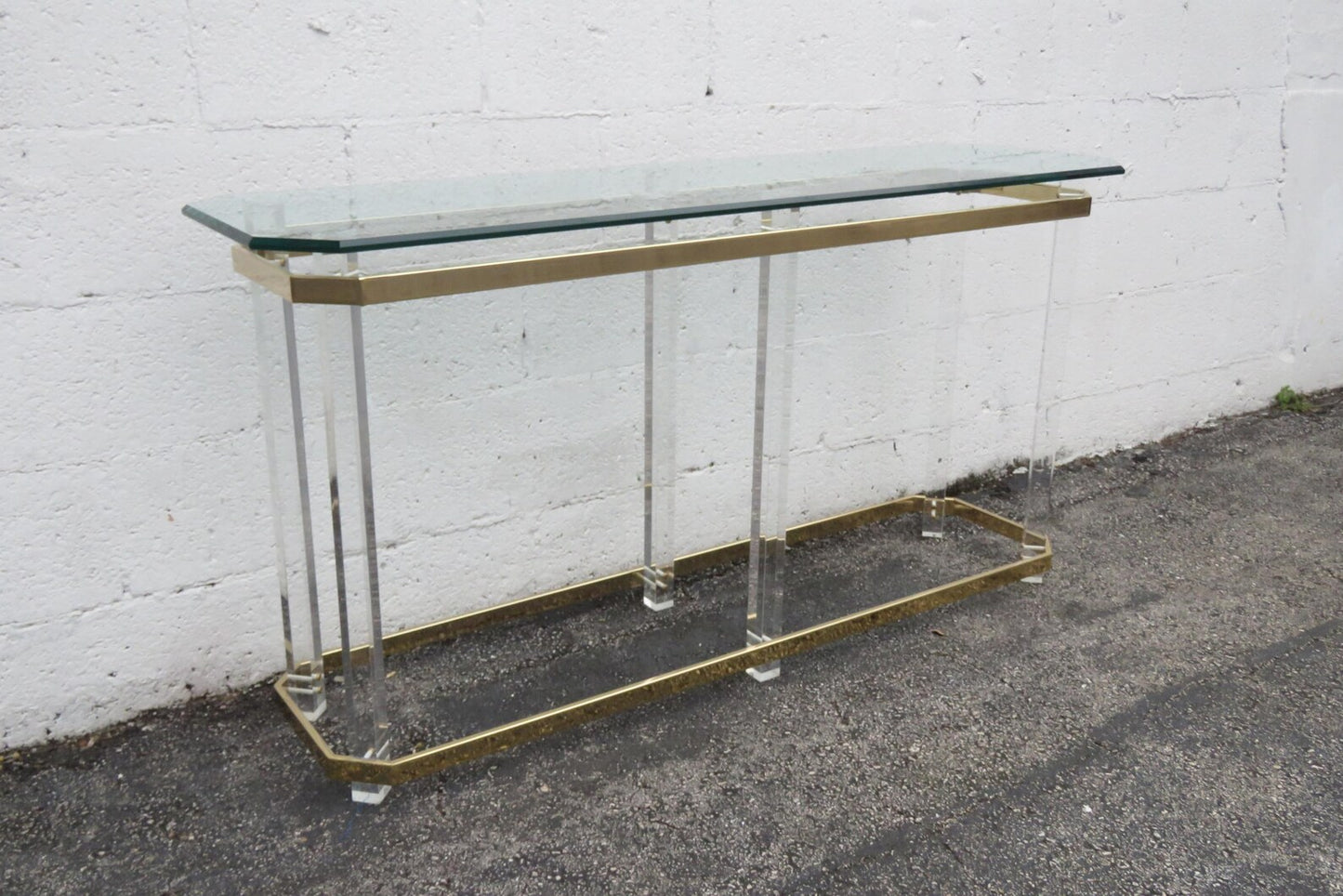 Hollywood Regency Antique Lucite and Brass Console Table